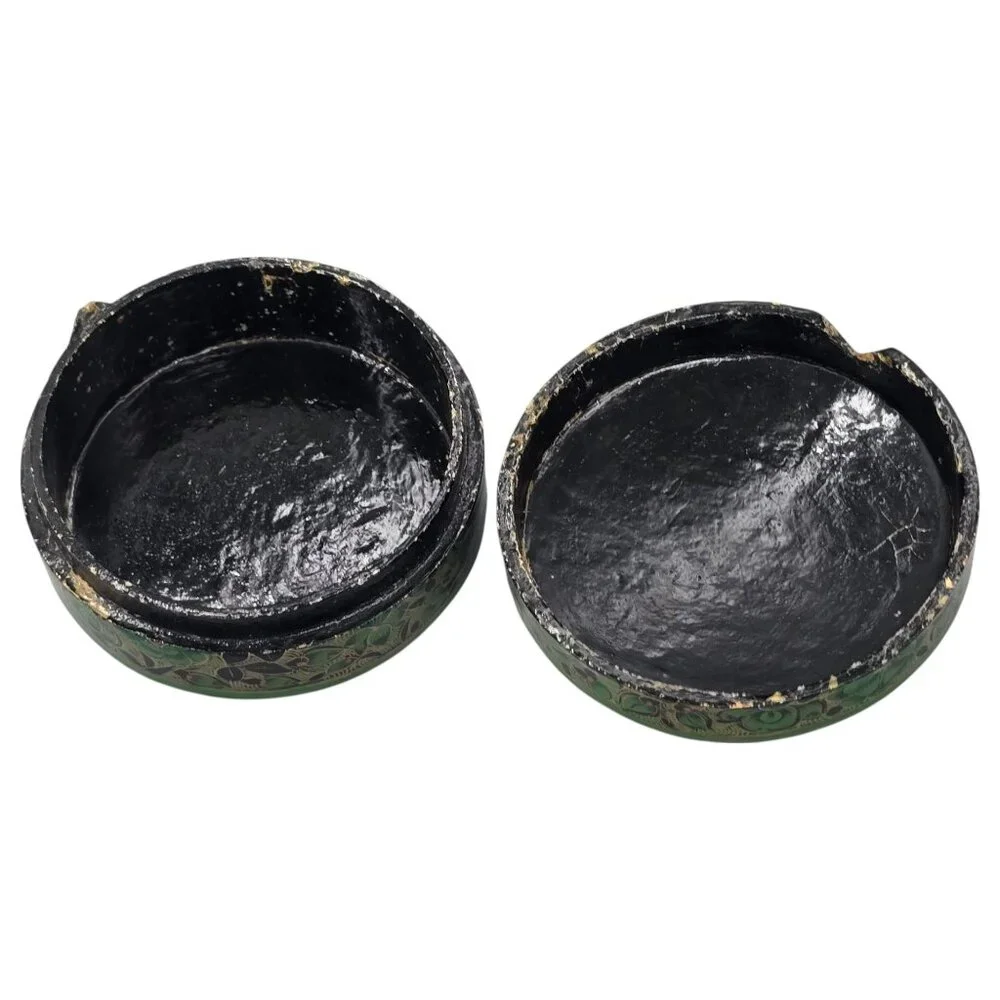 Paper Mache Green Floral Coaster Set Of 6 Storage Box Lacquered‎ Hand Painted
